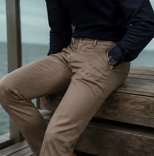 Pantalón recto de sarga gris oscuro, fotografiado de frente sobre fondo neutro