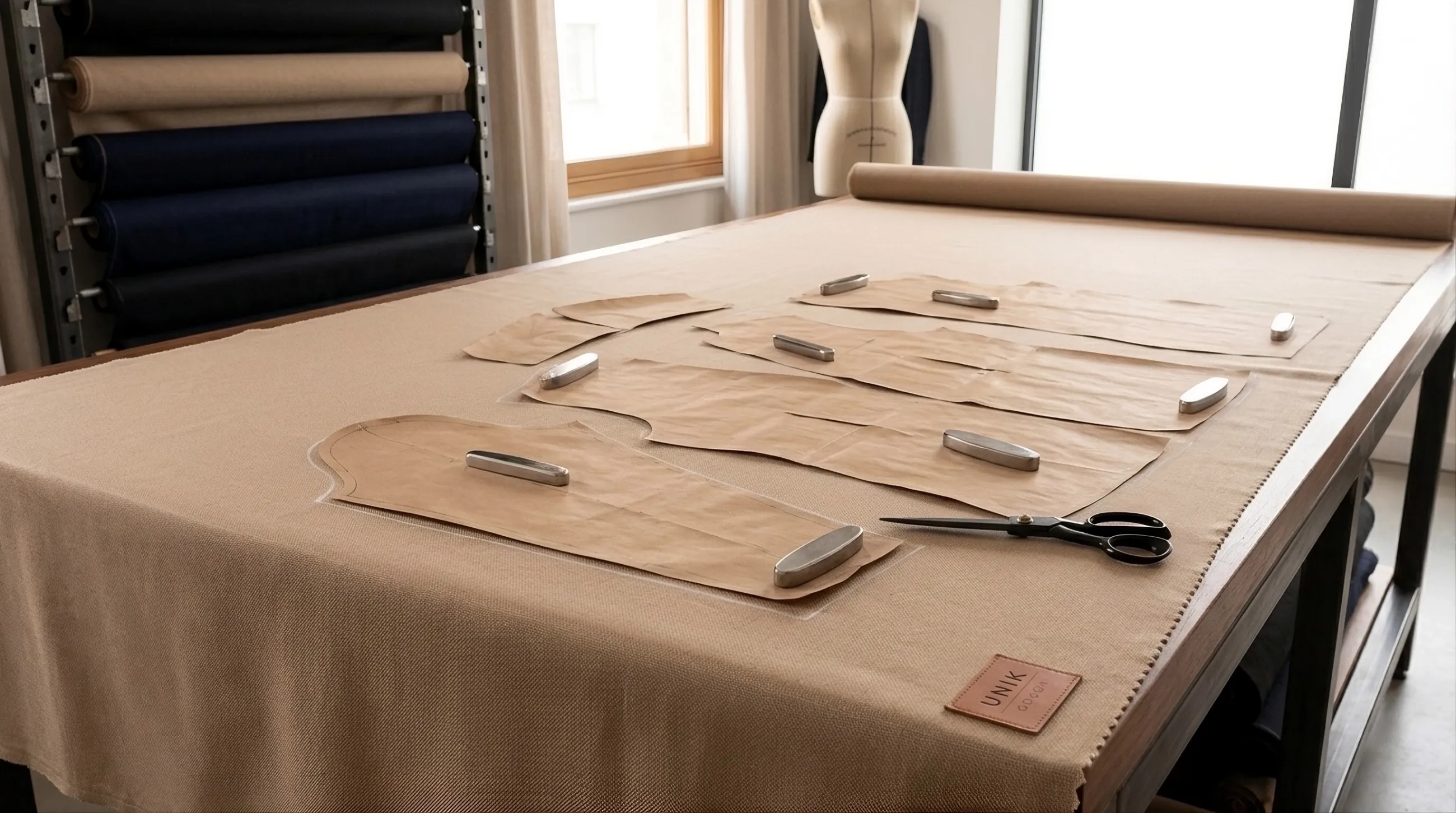 Patrones de papel y tijeras sobre el tejido extendido en la mesa de corte